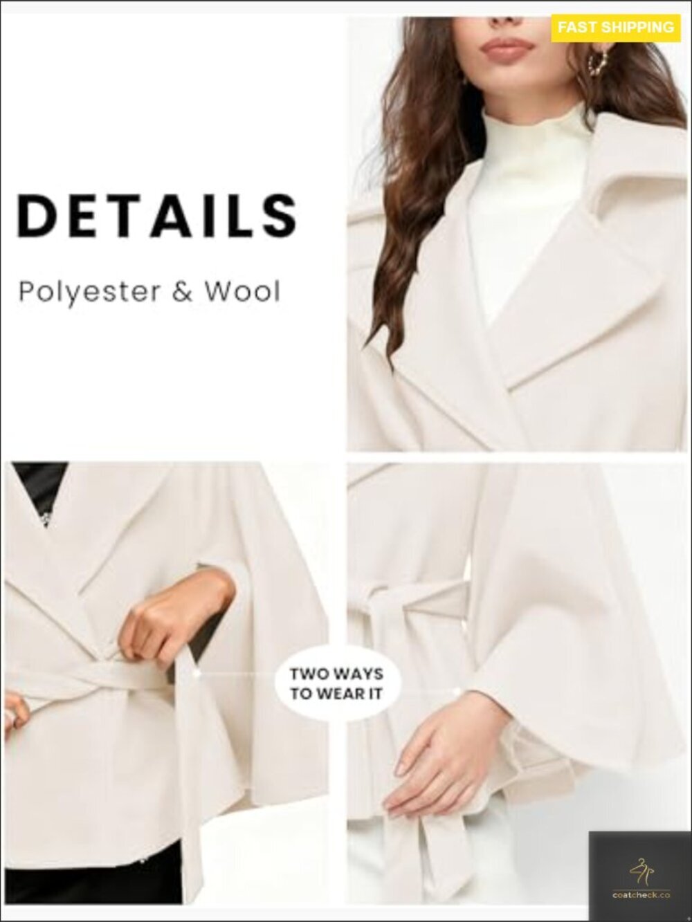 Wool Blend Cape Jacket Oversized Batwing Sleeve Peacoat Belted Chic Winter - Picture 6 of 7